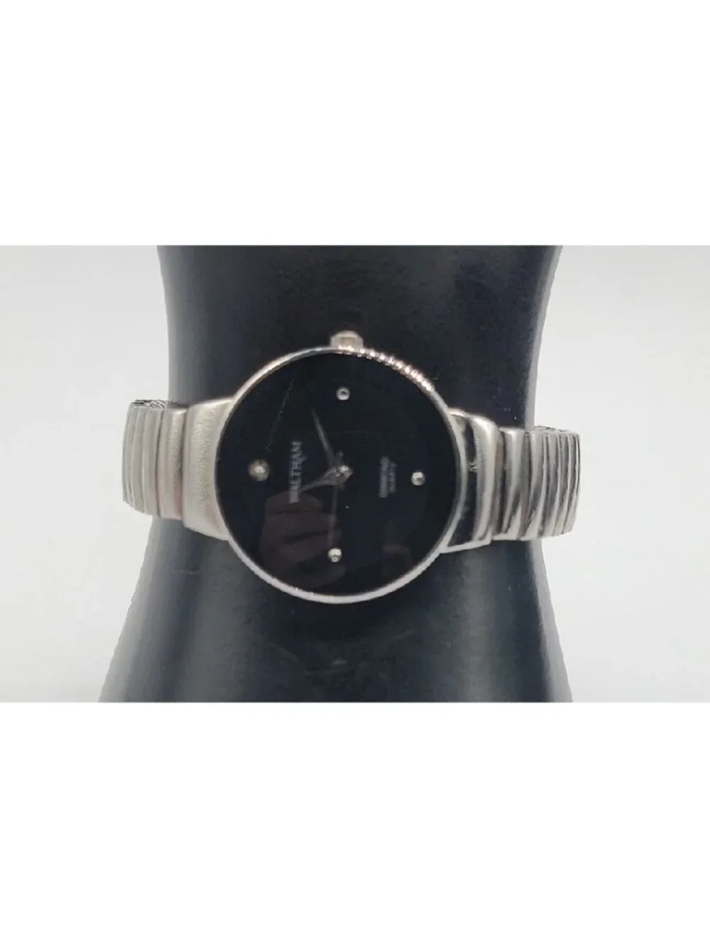 Vintage Waltham Ladies Diamond Quartz Watch 28mm Black Dial Silver Tone Band